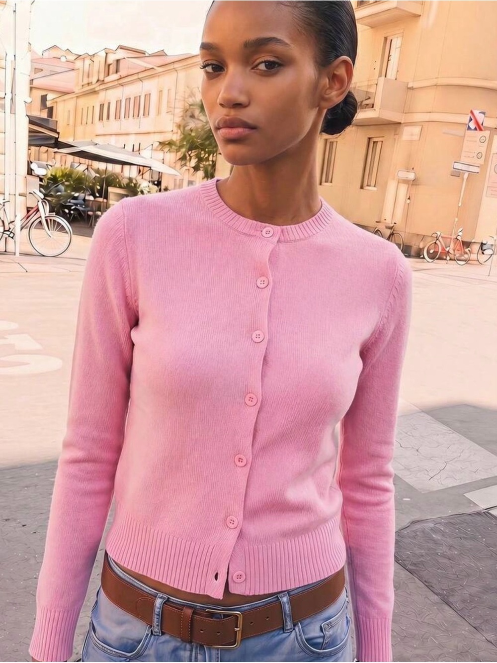 Classic Crewneck Pink Button-Front Sweater